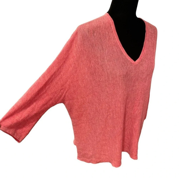 Eileen Fisher Knit Salmon Pink Organic Linen V neck Top Small - Picture 3 of 7